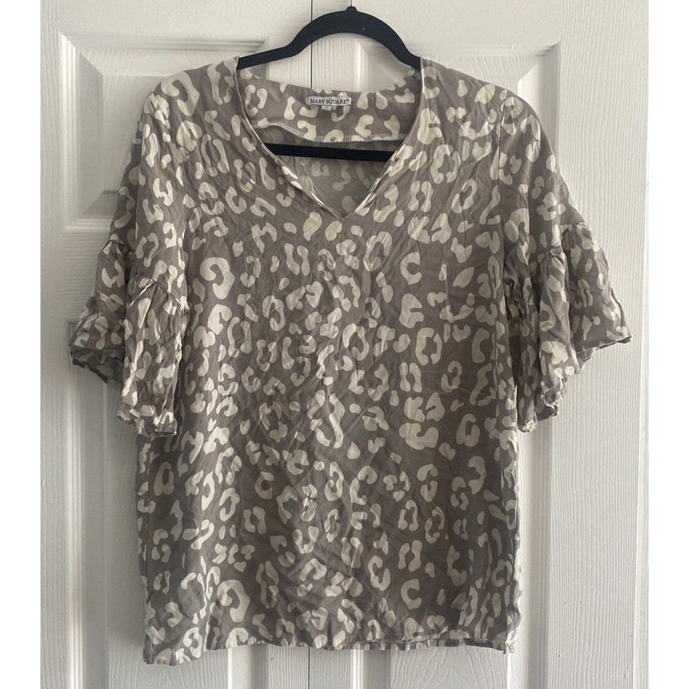 Mary Square Ruffle Sleeve Blouse Womens Size‎ S Tan Grey Leopard Print